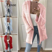 women winter solid color two pockets hooded cardigan loose long knitted coat for fashion winter warm coat wool big pocket