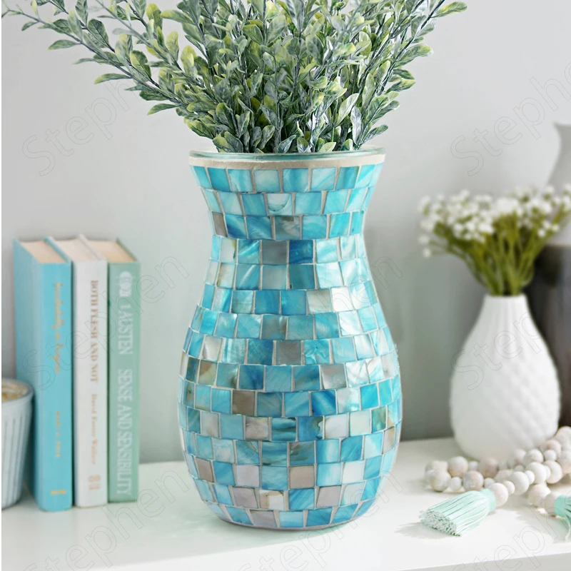 Blue Shell Glass Vase Mediterranean Modern Flower Vases Ornaments Mosaic Texture Plant Pots Decorative Living Room Decoration