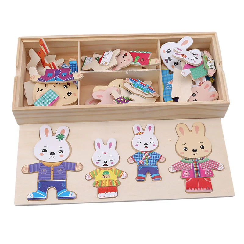 

Kids Cartoon Wooden Toy Cute Rabbit Changing Clothes Puzzle Sets Educational Dress Changing Puzzle Toys for Children