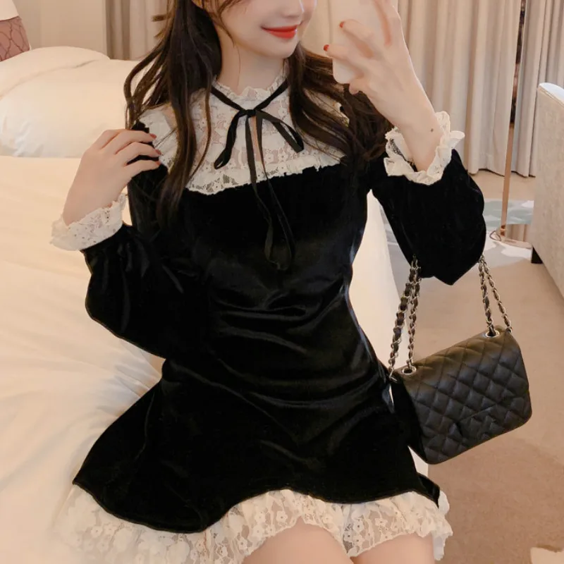 

Осенние и весенние женские Черное мини-платье в готическом стиле, в стиле панк; Обувь в стиле Лолиты Стиль, воротником и кружевом в виде лент...