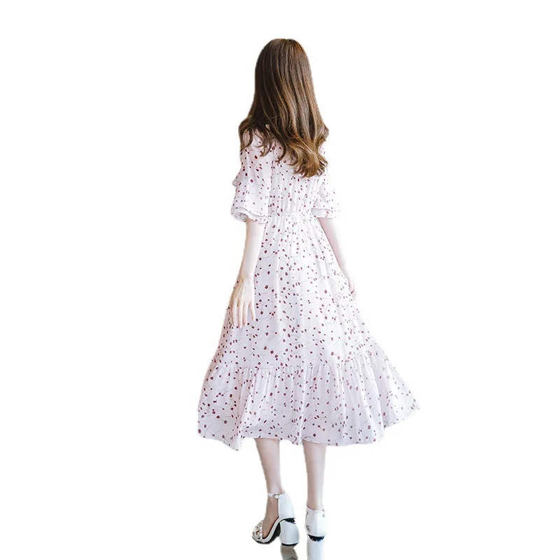 

2021 Dress Women Casual Floral Print Summer Bow Dress Short Sleeve A-Line Loose Elegant Party Dresses Vestidos Women Clothing