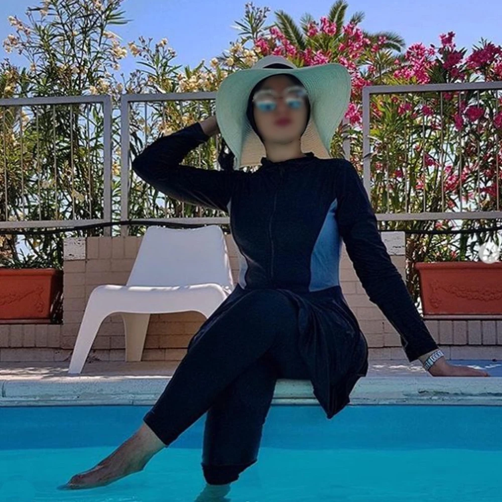 Modest Simple Design Bra Padding 3PCS Burkini Muslim Patchwork Hijab Long Sleeves Sport Swimsuit Swimwear Wear Bathing Suit | Спорт и