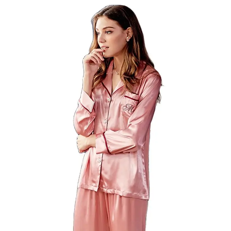 

Silk Pajama Sets Female High Quality Faux SILK Couple Sleepwear Man Woman Long-Sleeve Pants Nightwear 2-Pieces X9937