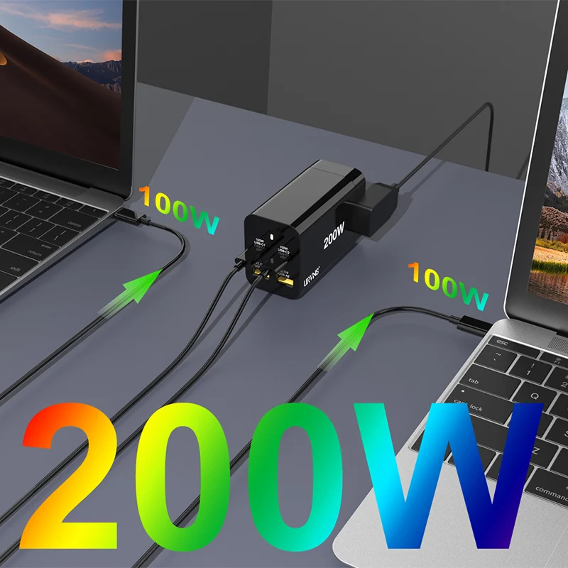 Сетевое зарядное устройство URVNS GaN 200 Вт USB C 4 порта PD 100 PPS 65 45 QC5 Сверхбыстрая
