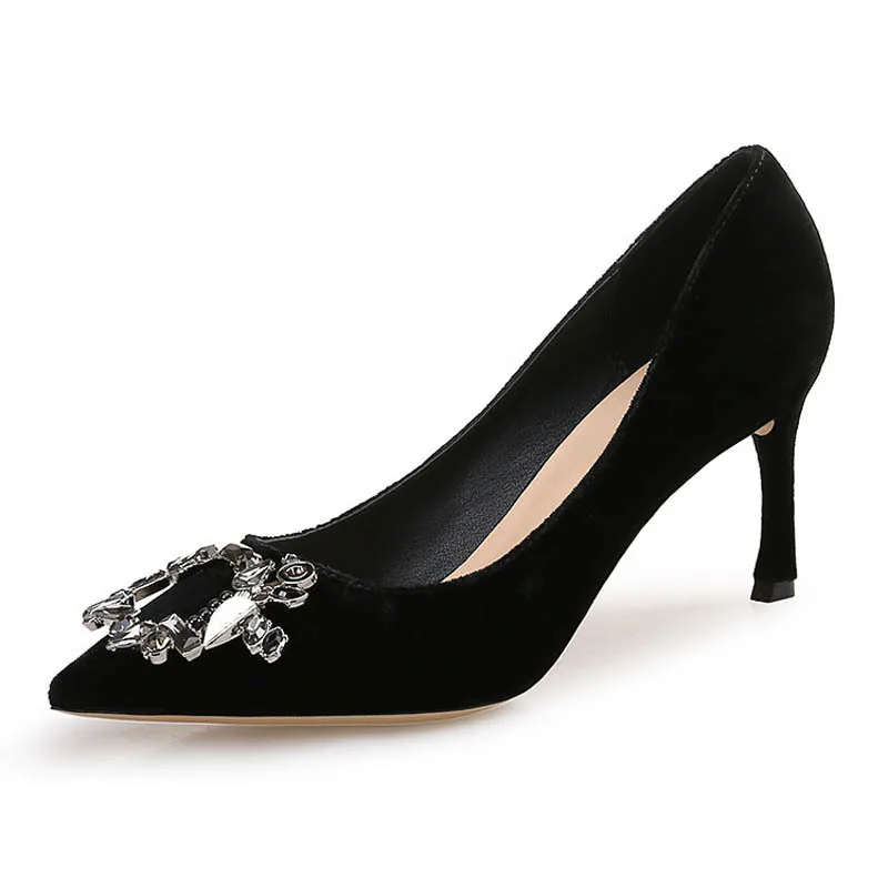 Туфли лодочки женские из натуральной кожи с кристаллами без застежки|Женские