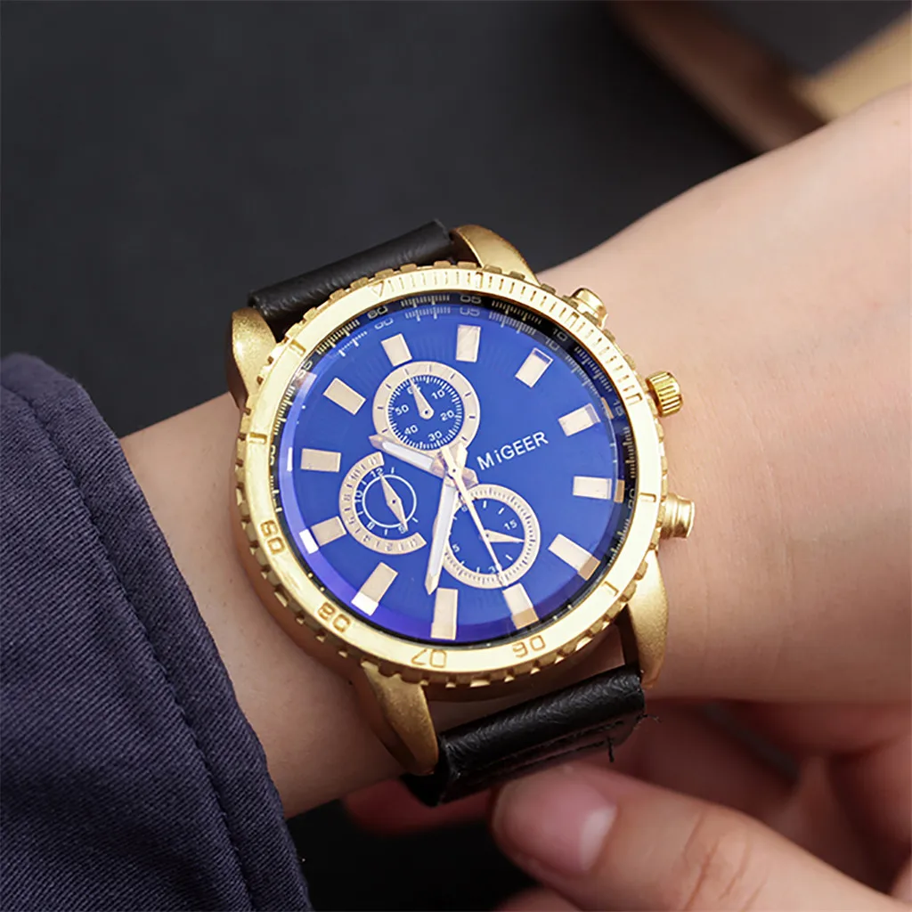 Мужские наручные часы 2019 мужские с тремя глазами кожаным ремешком золотым