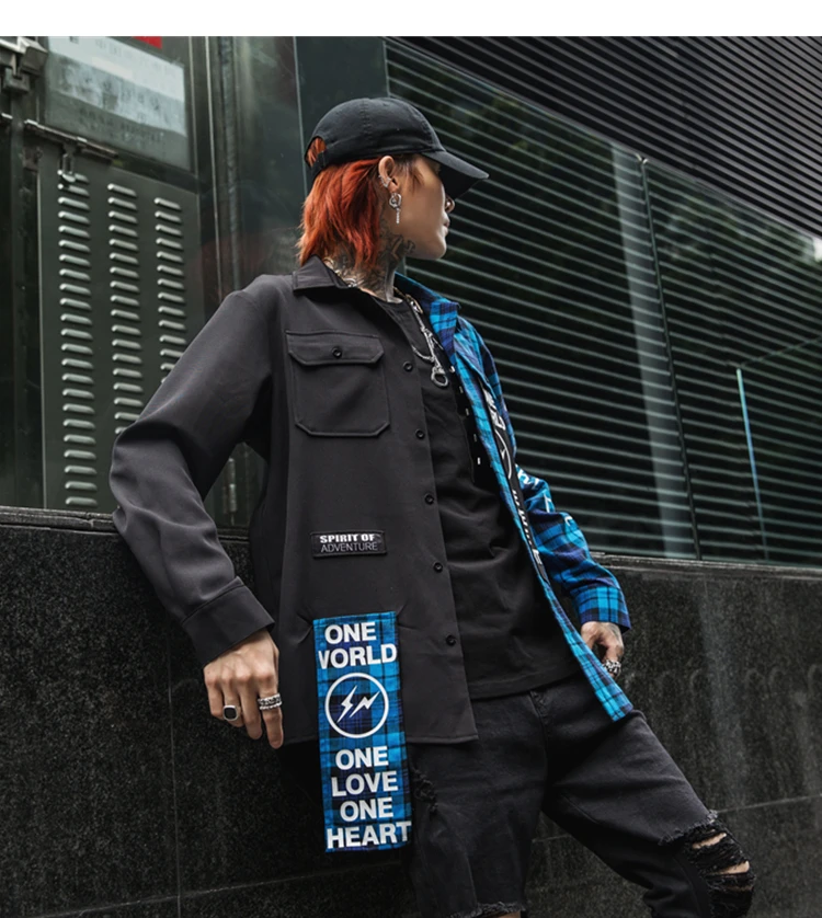 New Western Diablo Style Fashion Individuality Printed Plaid Patchwork Men's Long-Sleeved Shirts Hip Hop Autumn Streetwear Color