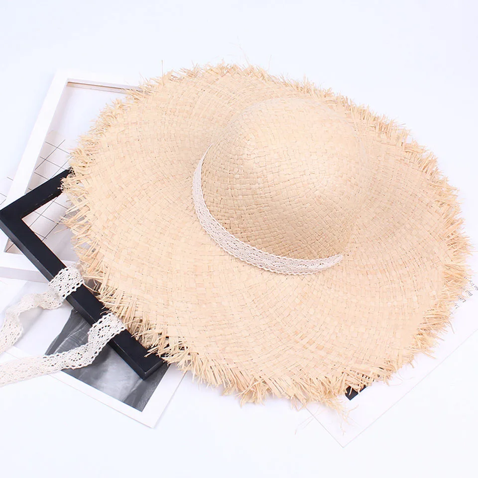 

Round Top Large Wide Brim 9-11CM Raffia Straw Hats Woven Circle Fringe Beach Cap Women Summer Holiday Straw Sunhat With Ribbon