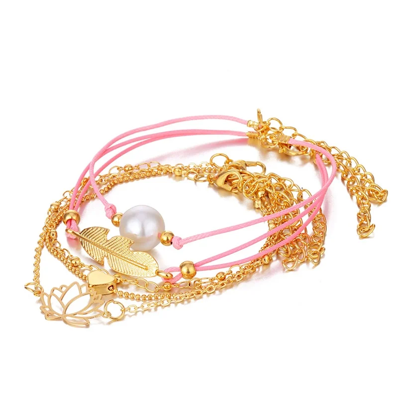 5 шт./компл. набор женских браслетов в богемном стиле с сердечками и перьями