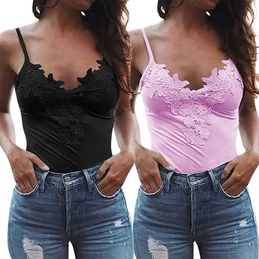 Хит женский кружевной топ на бретельках без рукавов однотонный с v образным