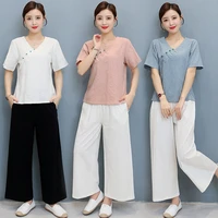 women yoga set linen loose chinese traditional sweatshirtpant jogger fitness tai chi kungfu meditation casual workout gym set