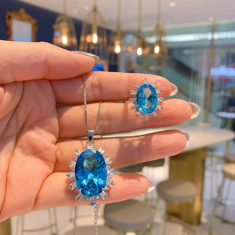 

Funmode Blue Oval Shape Pendnat Necklace Ring Necklace For Women Party Jewelry Sets Accessories Wholesale FS270