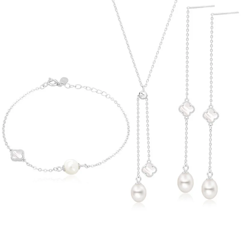 MeiBaPJ модный натуральный жемчуг S925 Серебряный Клевер длинные кисточки серьги, ожерелье и браслет Изысканные Ювелирные наборы для женщин