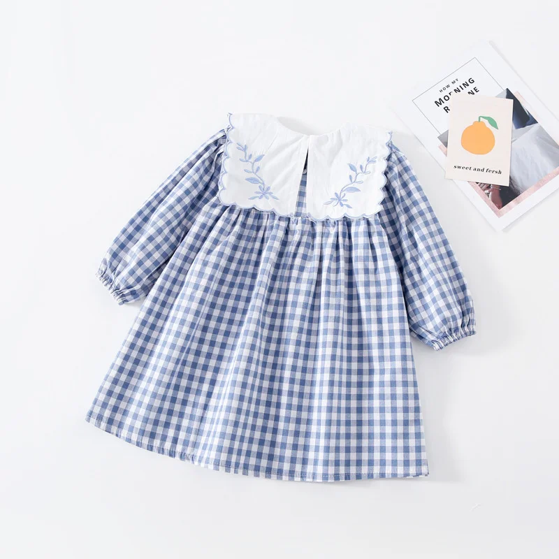Korean style Toddler Girls Cute Embroidery Navy collar Cotton Plaid Dress 2021 Spring Little Princess Long Sleeve Party Dresses | Детская