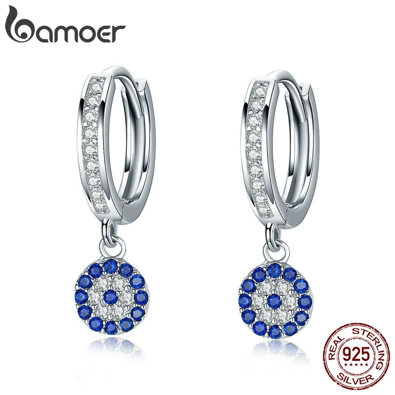 Серьги BAMOER из серебра 925 пробы Круглые синие прозрачные кубические циркониевые