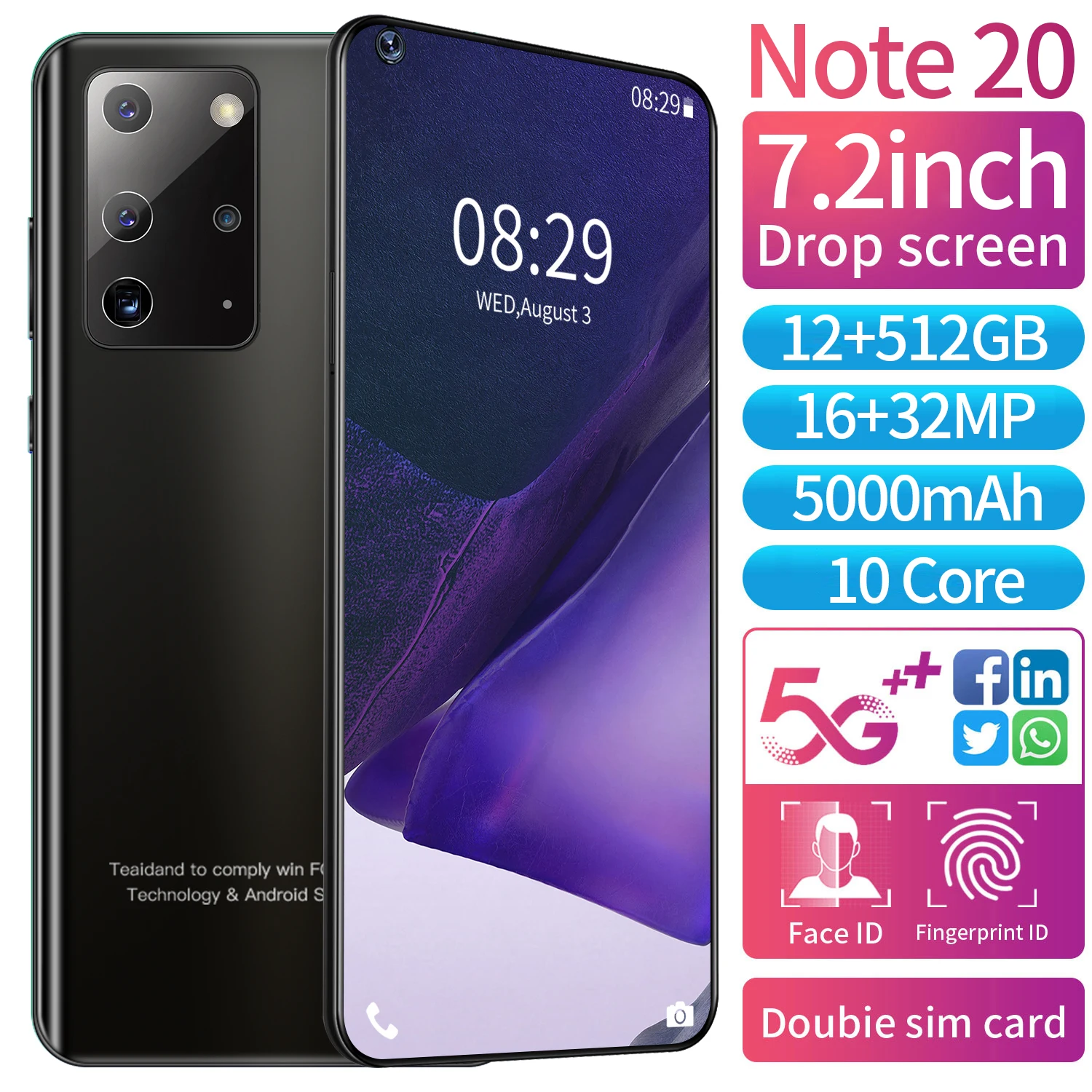

Smartphone Note 20 Sansumg Galay 5G 12+512GB Deca Core Android10.0 Mobile Phone Fingerprint ID Snapdragon888 Dual SIM Cellphone