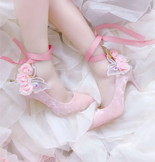 lolita shoes red wind butterfly velvet women's stiletto high heels single straps 2020 spring and summer pointed | Тематическая
