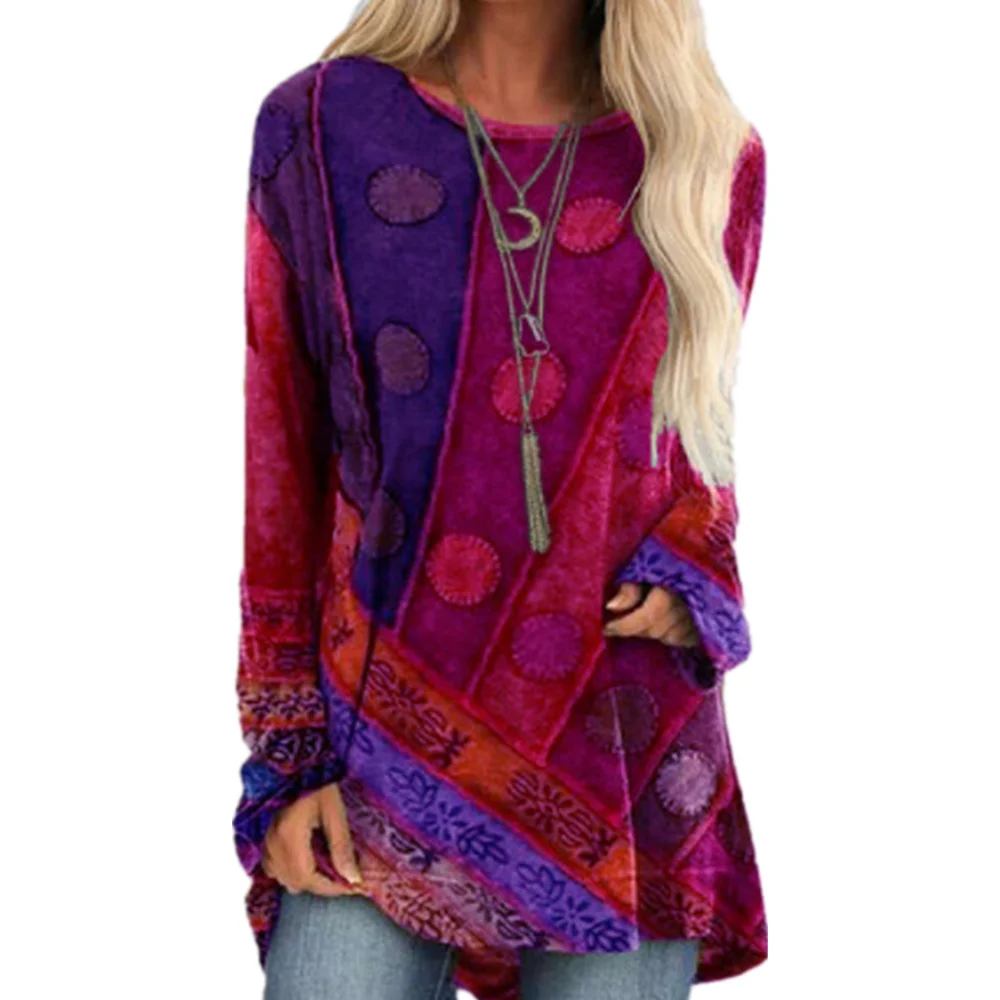 

Женский пуловер, футболка, весна-осень, повседневный топ с этническим принтом и длинными рукавами, топы размера плюс, футболка c круглым выре...