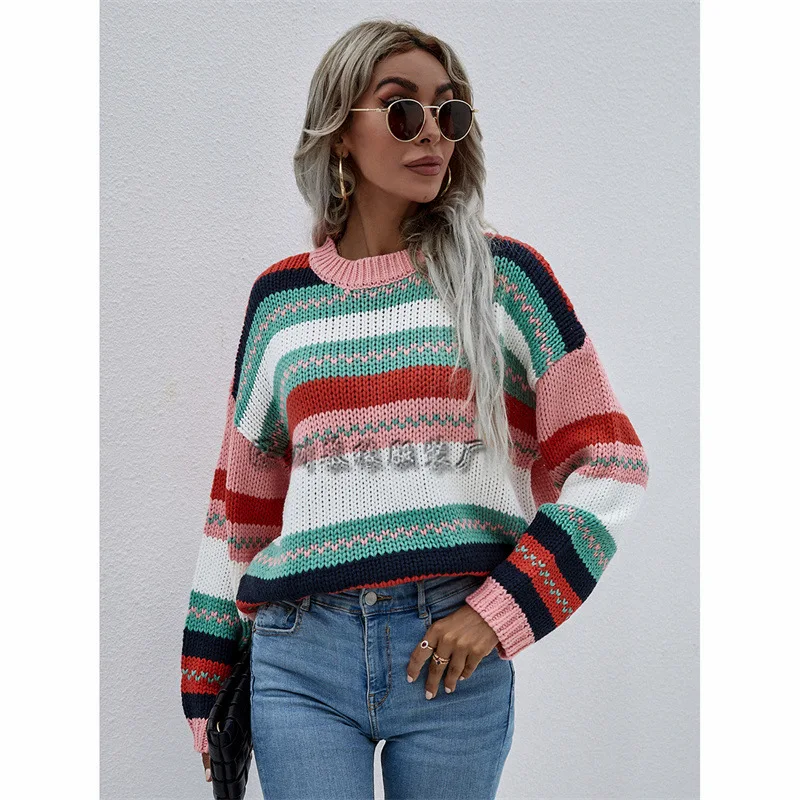 

Vintage Sweaters Women Round neck Pullover Winter Striped Jumpers Korean Style Loose Pullover Knitwear Casual Loose Sweater Pul