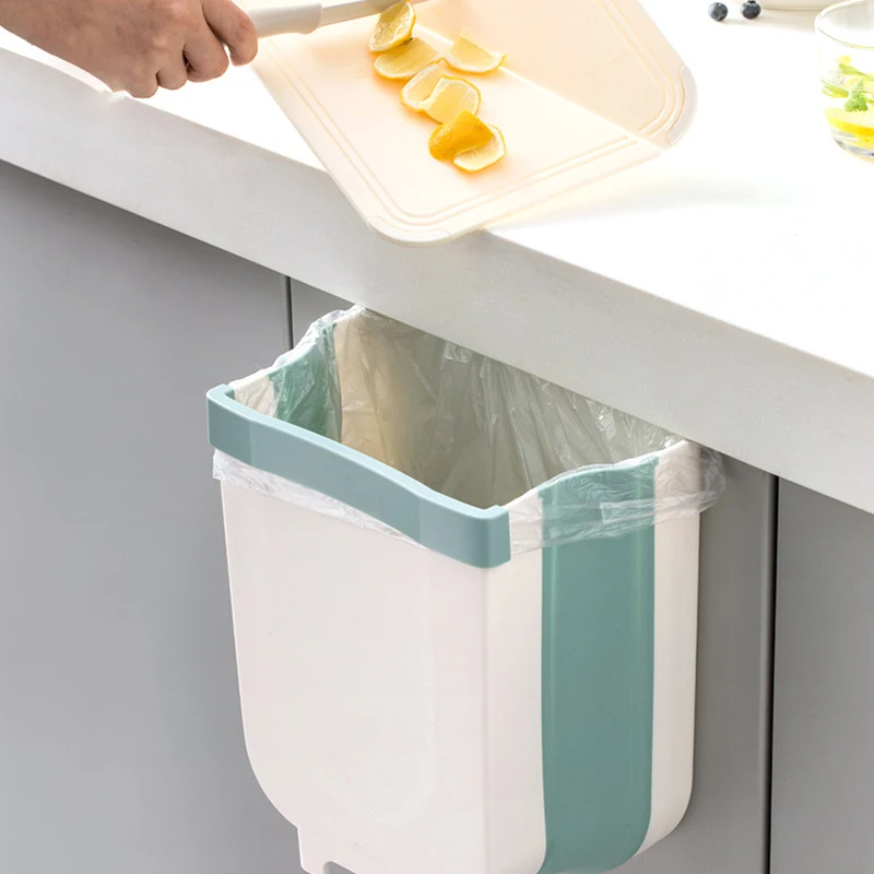 

Small Hanging Kitchen Trash Can, Collapsible Mini Garbage Bin for Cabinet/Car/Bedroom/Bathroom, Plastic