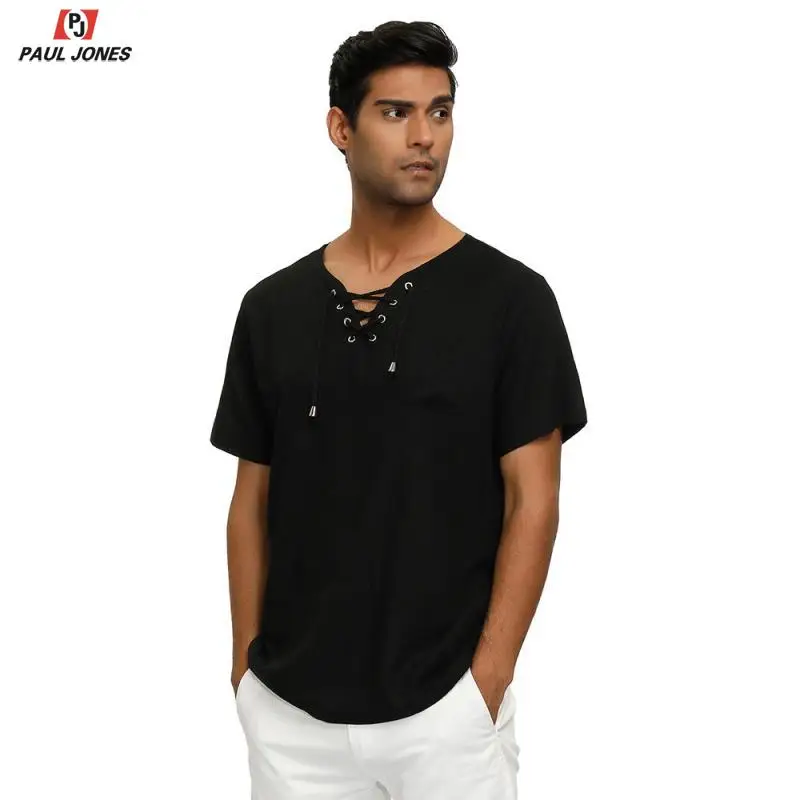 Мужская рубашка из вискозы и льна на шнуровке PAUL JONES стильные летние пляжные