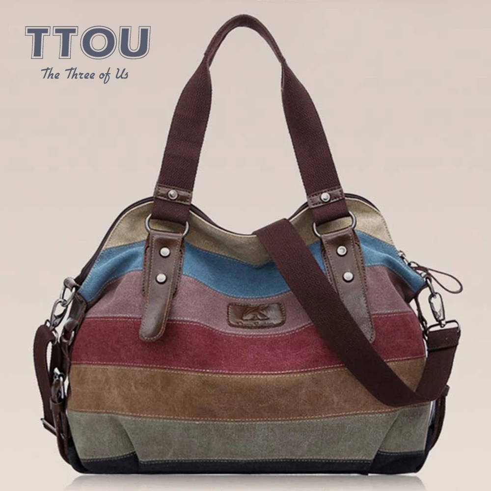 

TTOU Fashion Women Multi-color Stripe Canvas Shoulder Bags Large Capacity Messenger Bags Leisure Travel Striped Tote Handbag