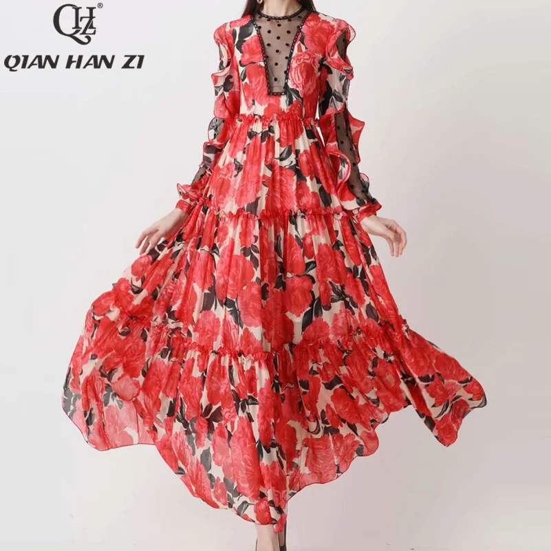 

Qian Han Zi 2020 new summer designer fashion runway Maxi dress Women's long sleeve red flower print slim vintage Long dress
