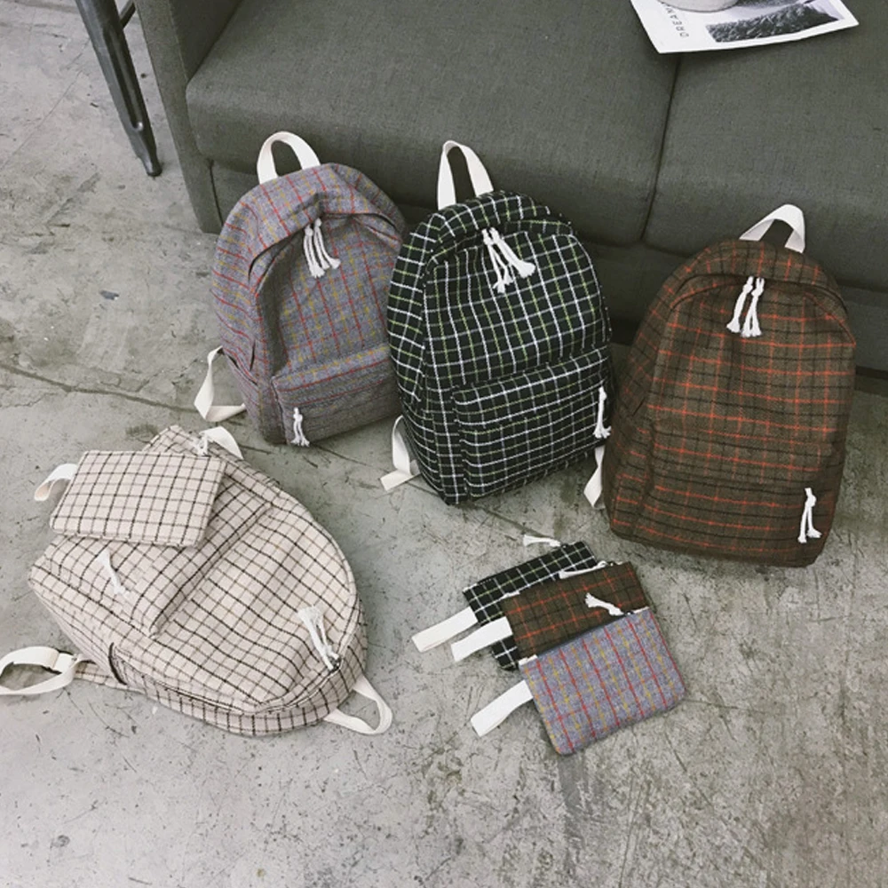 

Холщовый Рюкзак в клетку для женщин, комплект из 2 предметов, сумка на плечо, школьный ранец на молнии для девочек-подростков, дорожная сумка