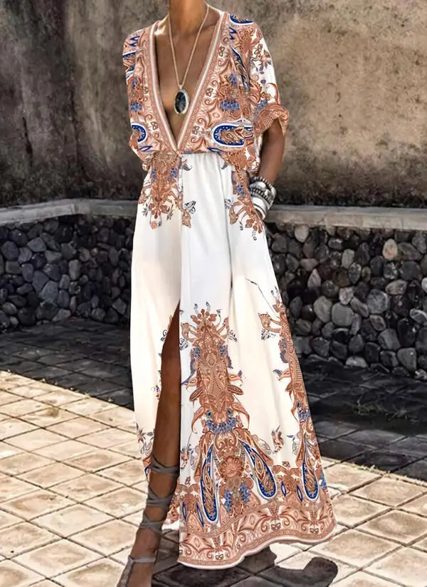 

Bohemian summer pocket long sleeve v neck printed split asymmetrical maxi dress White black pink beach vacation dress 2021
