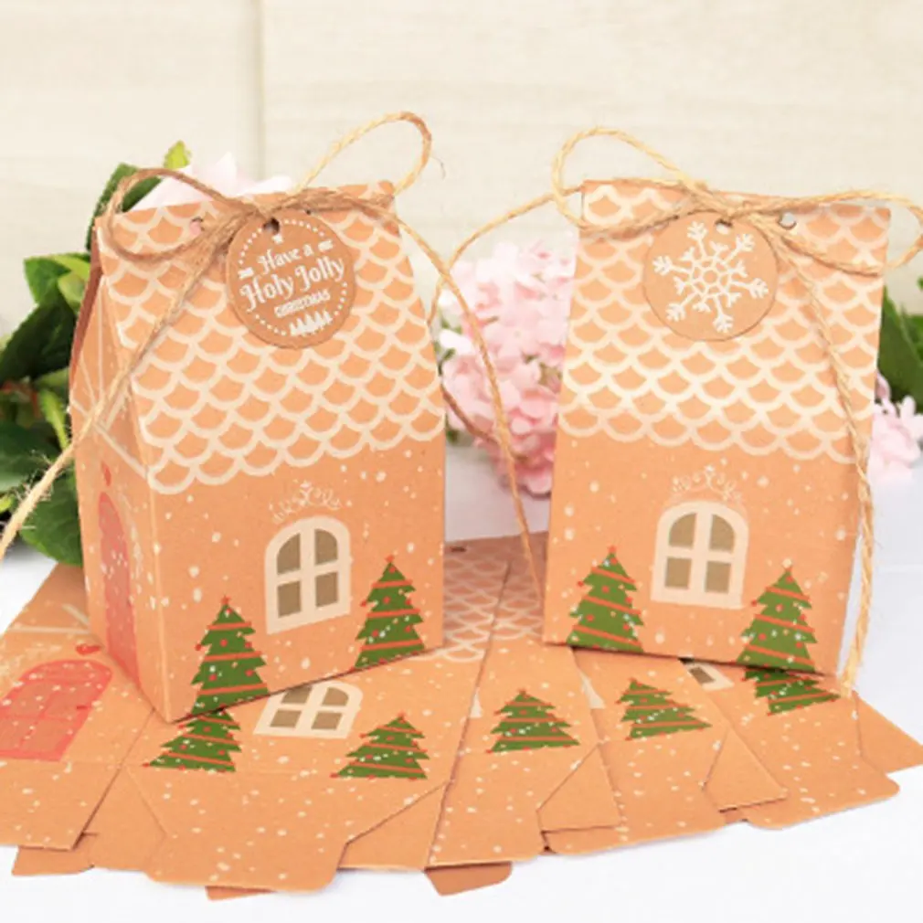 5 шт. Рождественская подарочная коробка в форме дома крафт-бумага креативная для