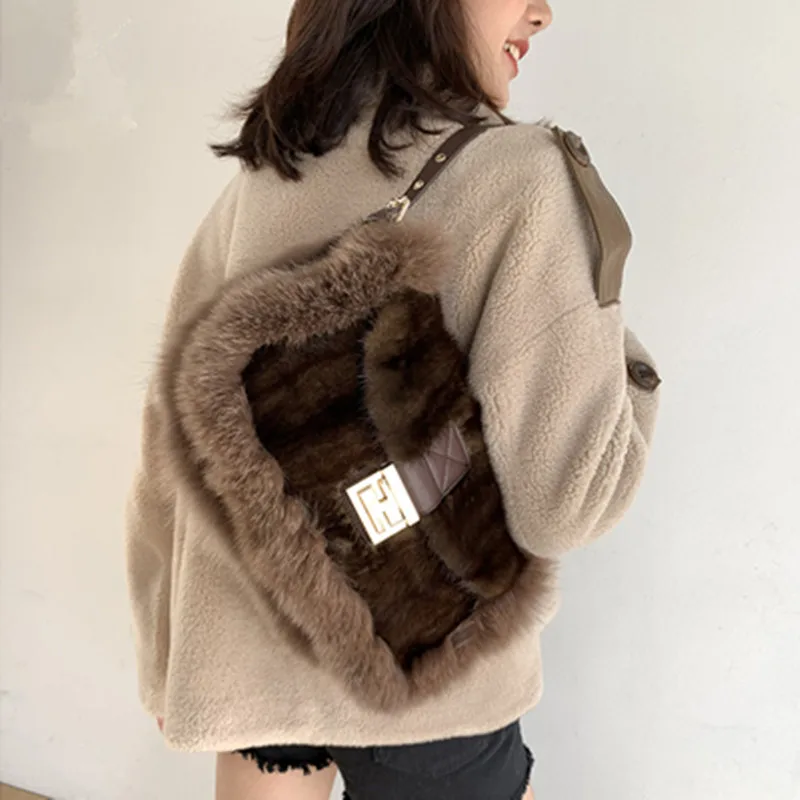 Новые женские сумки зимние из натурального меха лисы цепи сумка через плечо