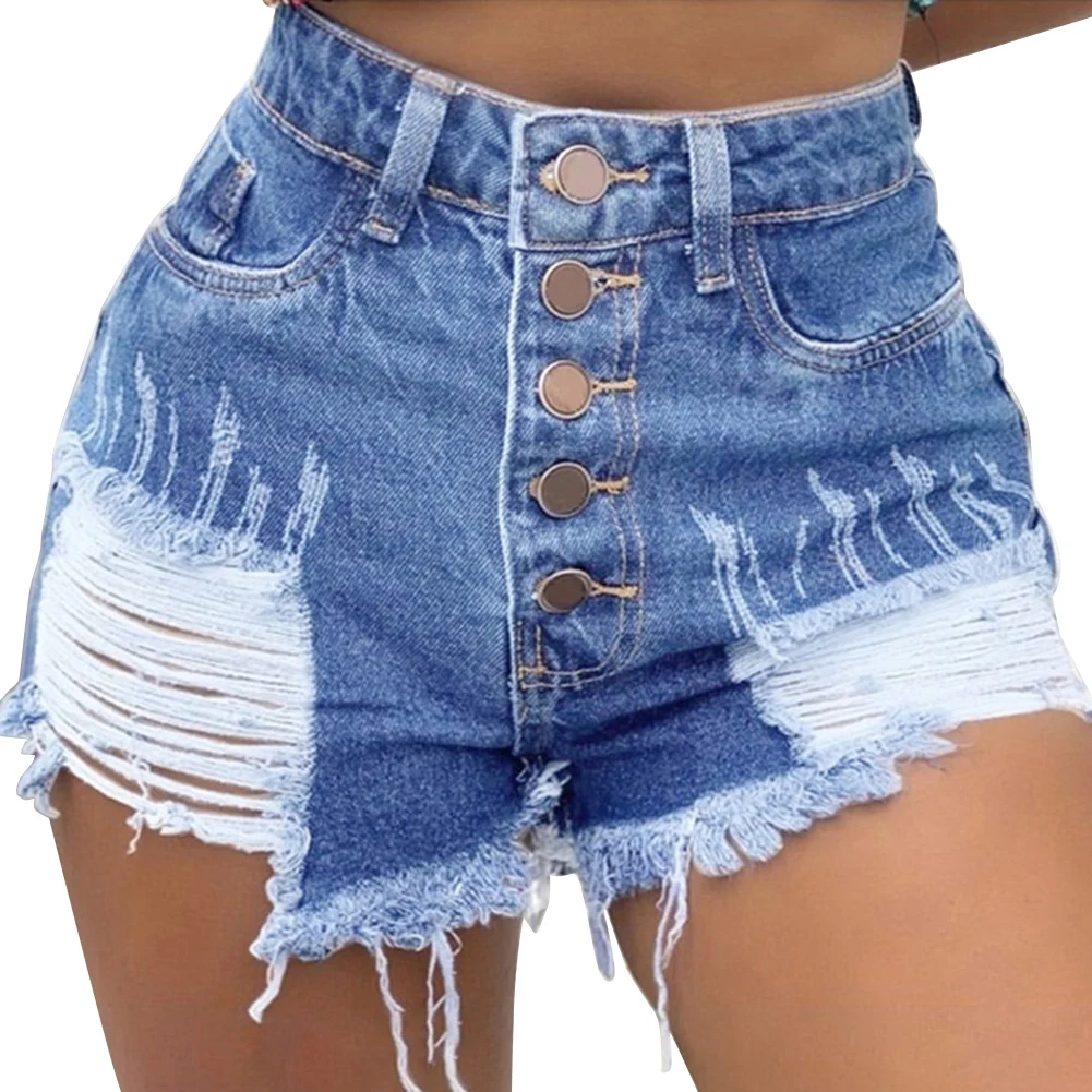

Ripped Repaired Denim Shorts Button High Waist Denim Shorts Pants Women TC21