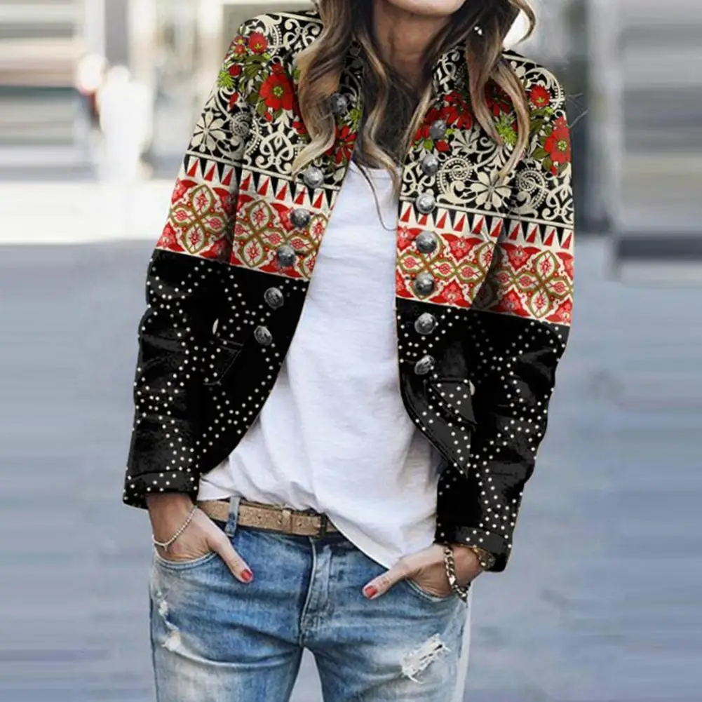 

Женское двубортное пальто, короткая куртка с длинным рукавом и воротником-стойкой, с винтажным принтом, для повседневной носки, Осень-зима ...