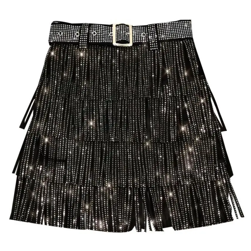 Heavy Drilling Rhinestones Fringed Skirt with Belt Women's High Waist Multi Layer Short Cake Skirts s667