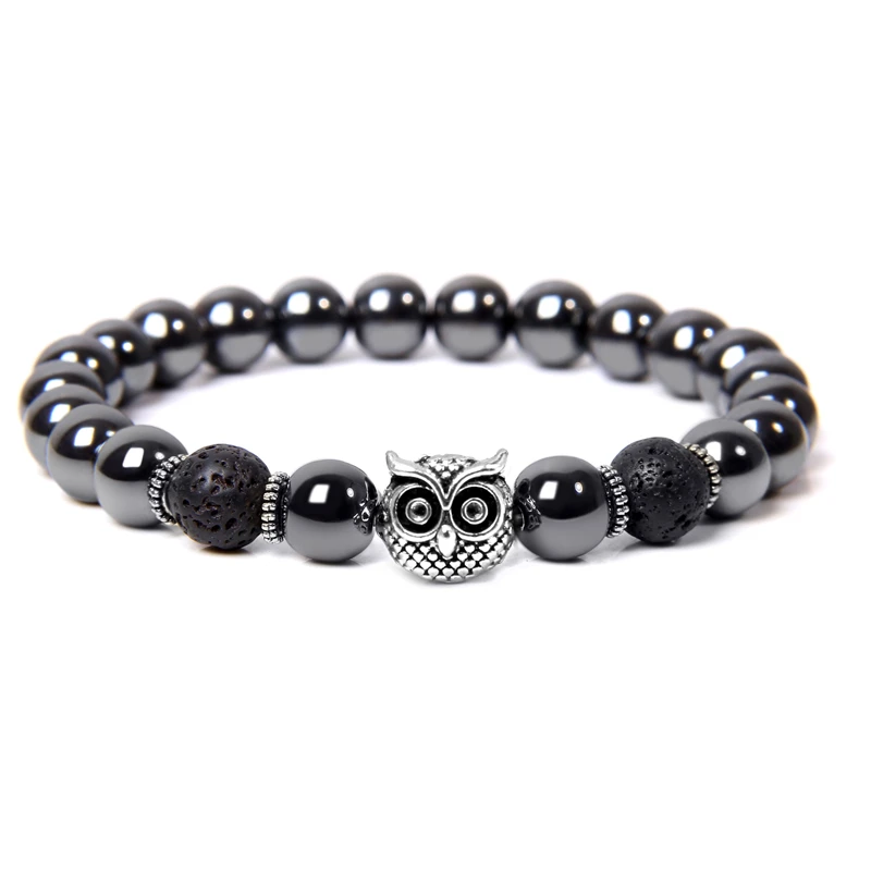 Набор из 3-х серебристых браслетов с очаровательными кулонами в виде старинного креста, совы и камней гематита для мужчин в подарок.