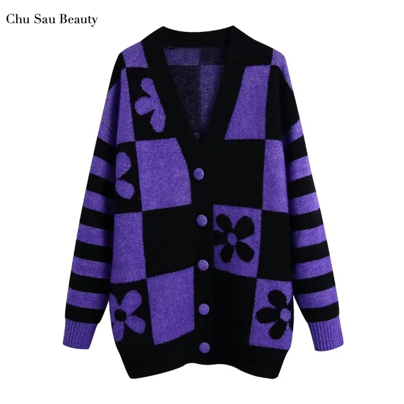 

Chu Sau Beauty New Women's Autumn And Winter Jacquard Knitted Cardigan V-Neck Long-Sleeved Single-Breasted Loose Sweater Coat