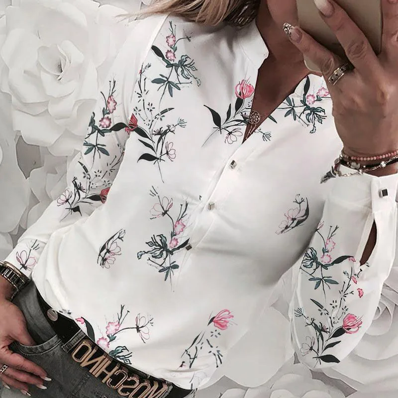 Женская блузка с длинным рукавом V-образным вырезом и цветочным принтом |