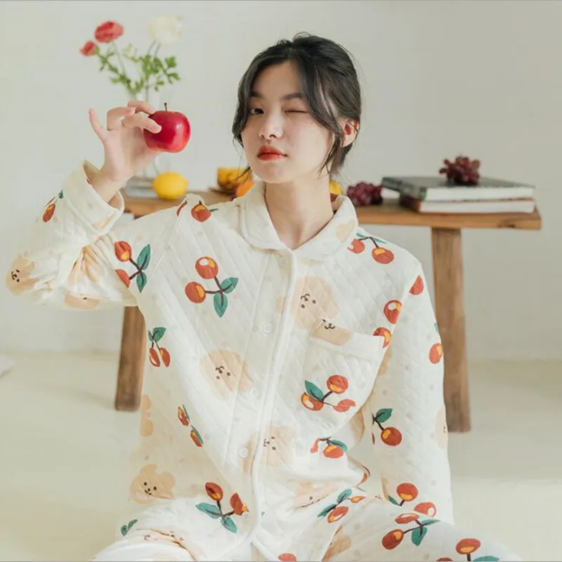 

2021 Women Autumn Winter Warm Sleepwear Simple Turn-Down Collar Printed Full Sleeves Pajamas Pure Cotton Long Pants Homewear New