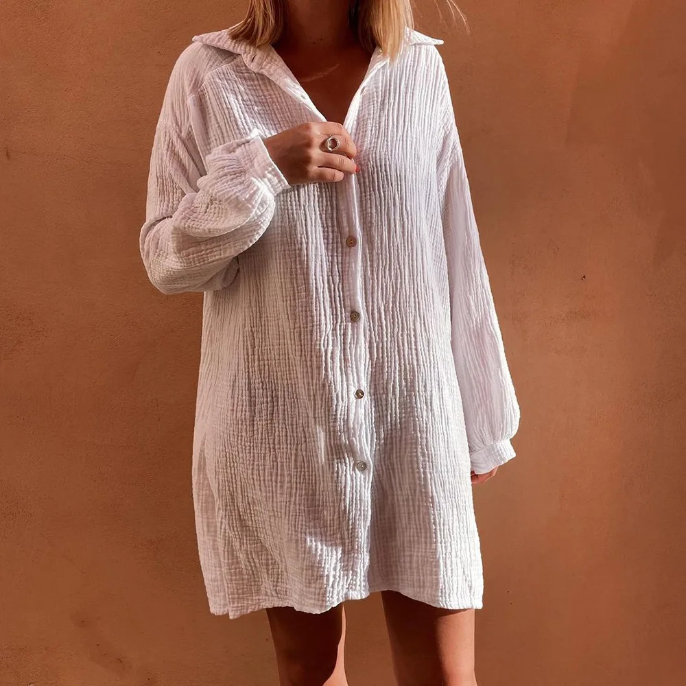 

Sexy New White Cotton And Linen Autumn Button Lantern Sleeve Shirt Dress Loose Long Sleeve Swimsuit Cover Up Casual OL Beachwear
