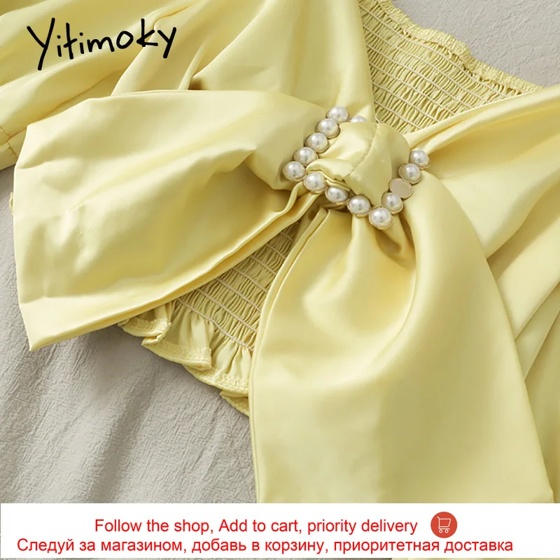 

Yitimoky Women Blouses Bow Satin Shirts Spring Summer 2021 Fashion Long Sleeve Clothing Slash Neck Back Elastic White Crop Tops