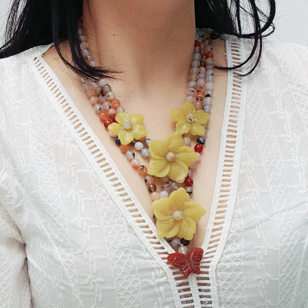 

Lii Ji Real Stone Mutil Color Statement Necklace 52cm Agate Lemon Jade Flowers Tassels Necklace Stocksale ONLY 1PCS
