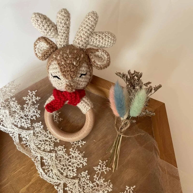 

Baby Wooden Teether Ring DIY Crochet Animal Rattle Infant Teething Nursing Toys