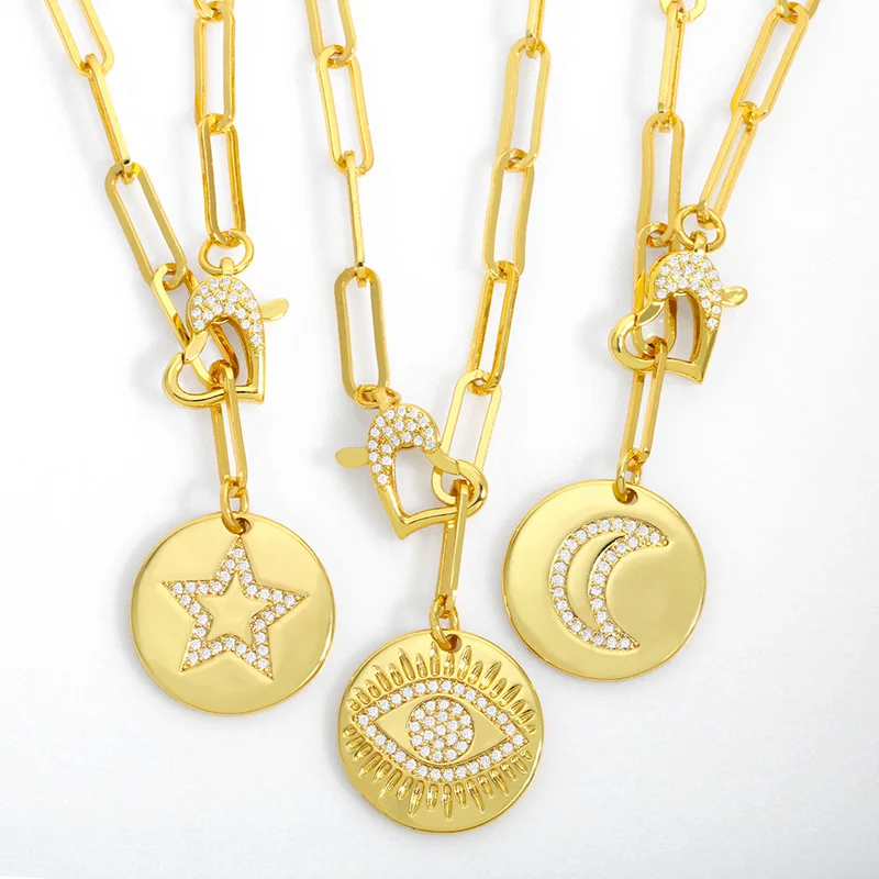 

FLOLA Gold Plated Curb Chain Heart Evil Eye Necklace Round Disc Moon Star Necklace CZ Pave Cubic Zirconia Jewelry Gifts nket15