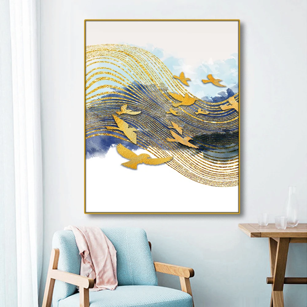 Золотистая Синяя абстрактная Настенная картина фотокартина для гостиной