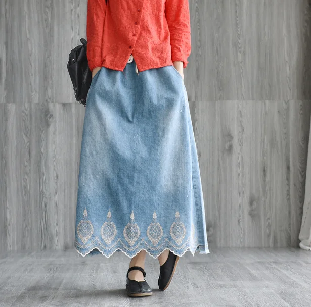 2021 Новинка весны Сезон лето Женская обувь Винтаж длинная джинсовая юбка с