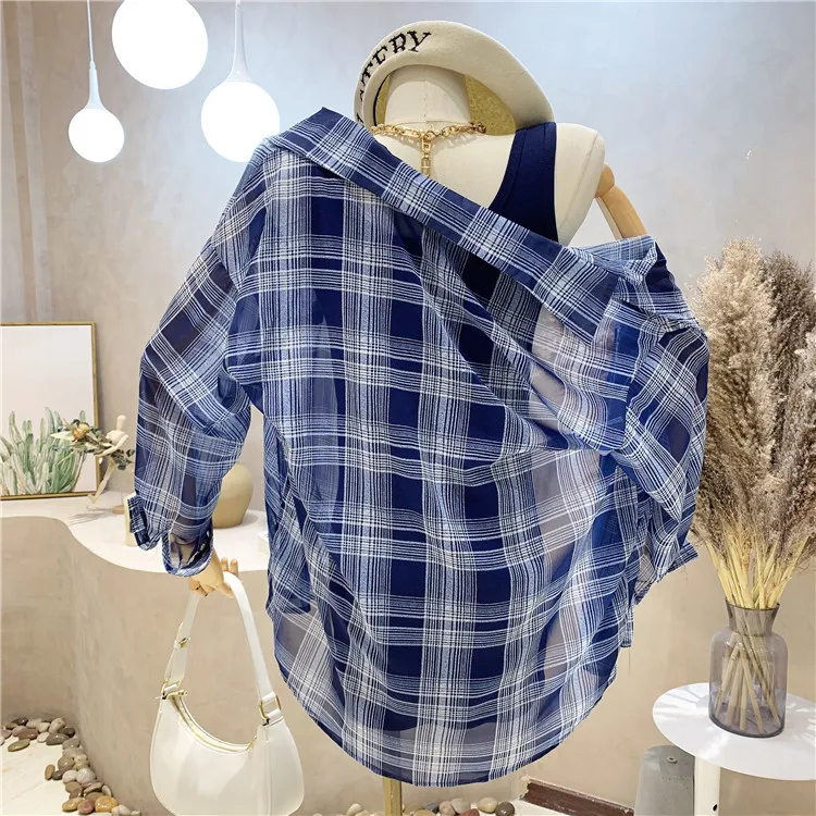 

New Women's Clothing Summer 2021 Two-piece Set Long-sleeved Plaid Shirt Coat Top And Slim Waist Vest Dress