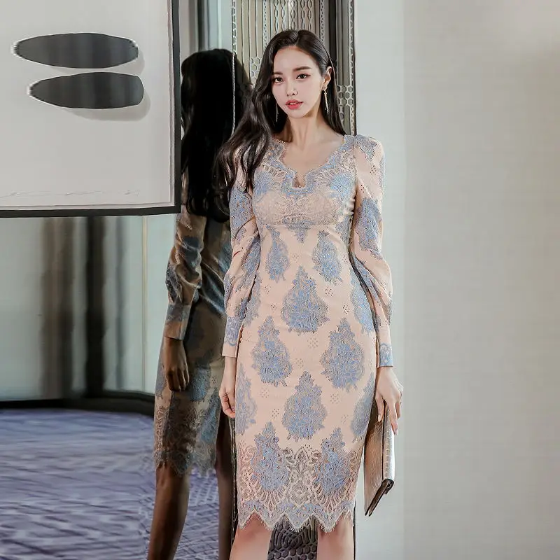 

S-XL размера плюс; Элегантные весенние туфли с ремешками деловая модельная одежда для женщин кружева лоскутное облегающее женское платье с з...