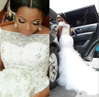 plus size arabic nigerian wedding dresses mermaid luxury beading pearls sheer bateau short sleeves chapel train tulle bridal