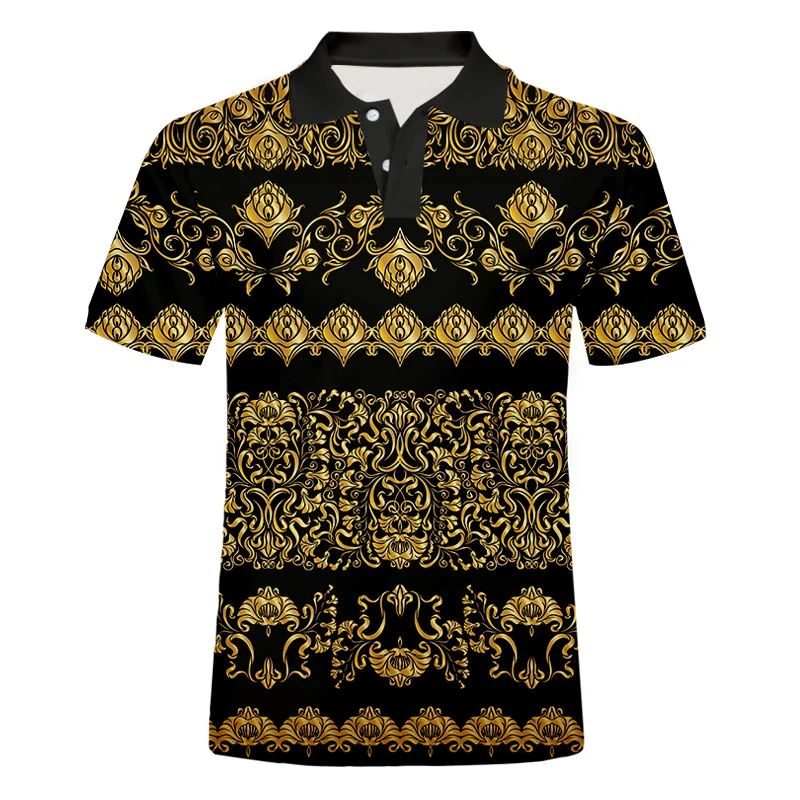 

Luxury Royal Polo Shirt Men Casual Short Sleeve Golden Floral Printed Baroque Shirt Summer Men Polos Prom Party Shirt Drop Ship