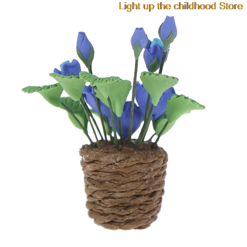 

1/12 Dollhouse Miniature Ornament Clay Purple Rose Flower in Pot for Dolls House Living Room Bedroom Garden Decor